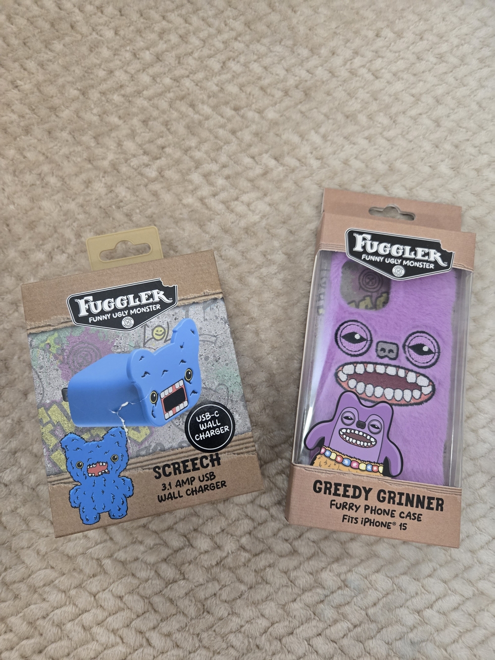 Greedy Grinner Purple Furry iPhone 15 Case & Screech Blue USB-C Wall Charger